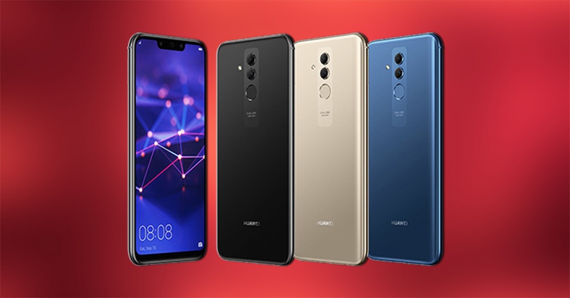 Frontal y trasera en negro, dorado y azul del Huawei Mate 20 Lite